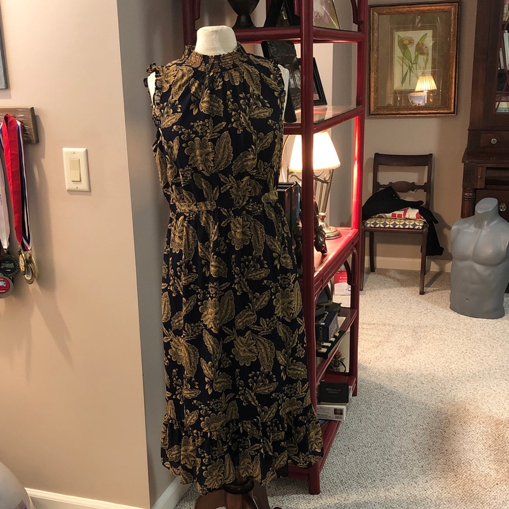 J.CREW NWT Midi Dress Smocked Mock Neck Navy Blue Gold Ruffle Floral Sleeveless